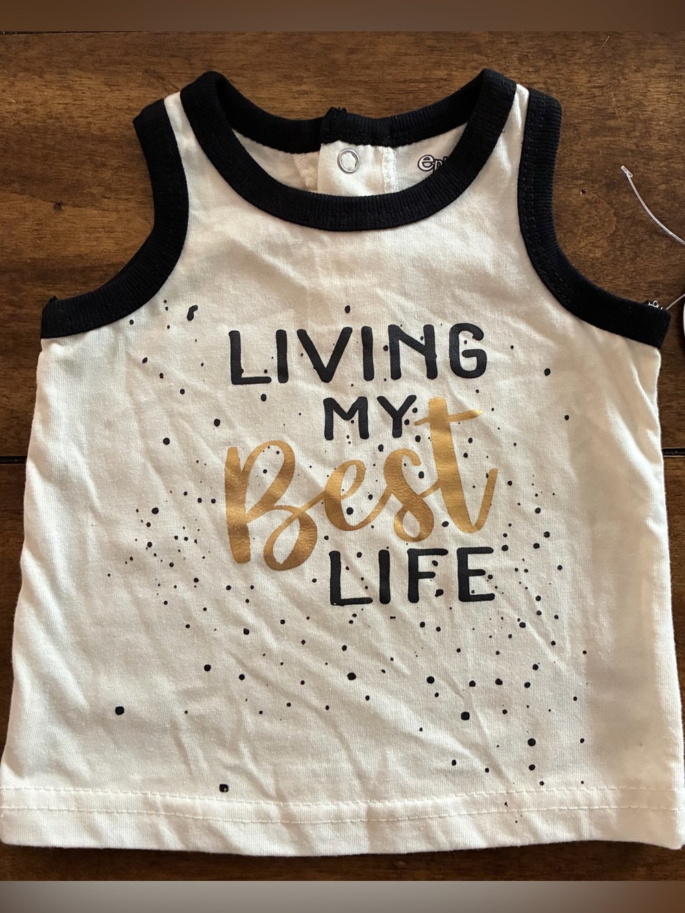e-Play Cream Tank Top with Black Trim and Gold Script “Living My Best Life”